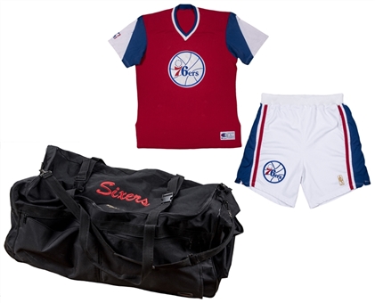Lot of (3) World B. Free Used Philadelphia 76ers Warm-up Shirt, Shorts, & Travel Bag (Free LOA)